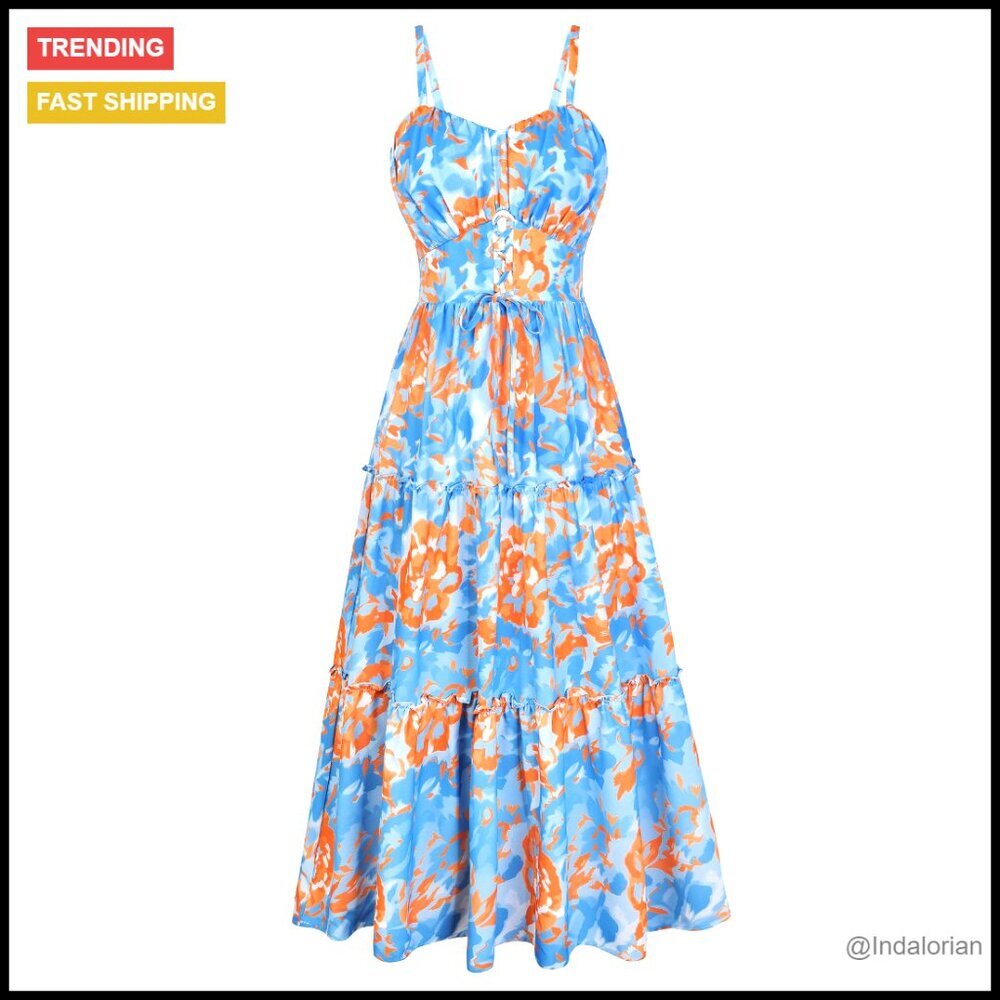 Floral Maxi Dress Boho Smocked Back Spaghetti Strap Tiered Casual Sundress with
